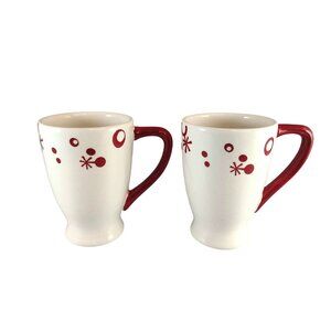 Pier 1 Set Of 2 Red & White Hand-Painted Flurry Mugs Dishwasher & Microwave Safe